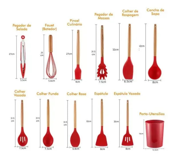 Kit Jogo 12 Peças de Cozinha Silicone Colher Espátula Livre de BPA Antiaderente com Suporte