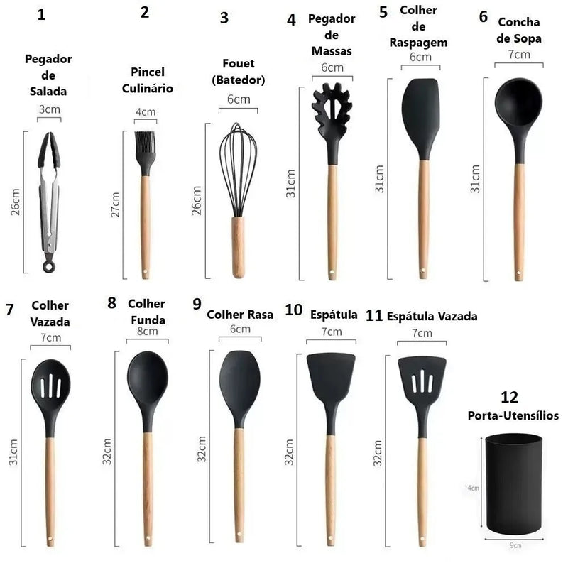 Jogo de Cozinha C/12 Peças de Silicone e Copo Suporte para Cozinha Cabo de Madeira