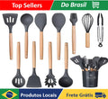 Kit 12 Utensílios De Cozinha Em Silicone E Cabo De Madeira