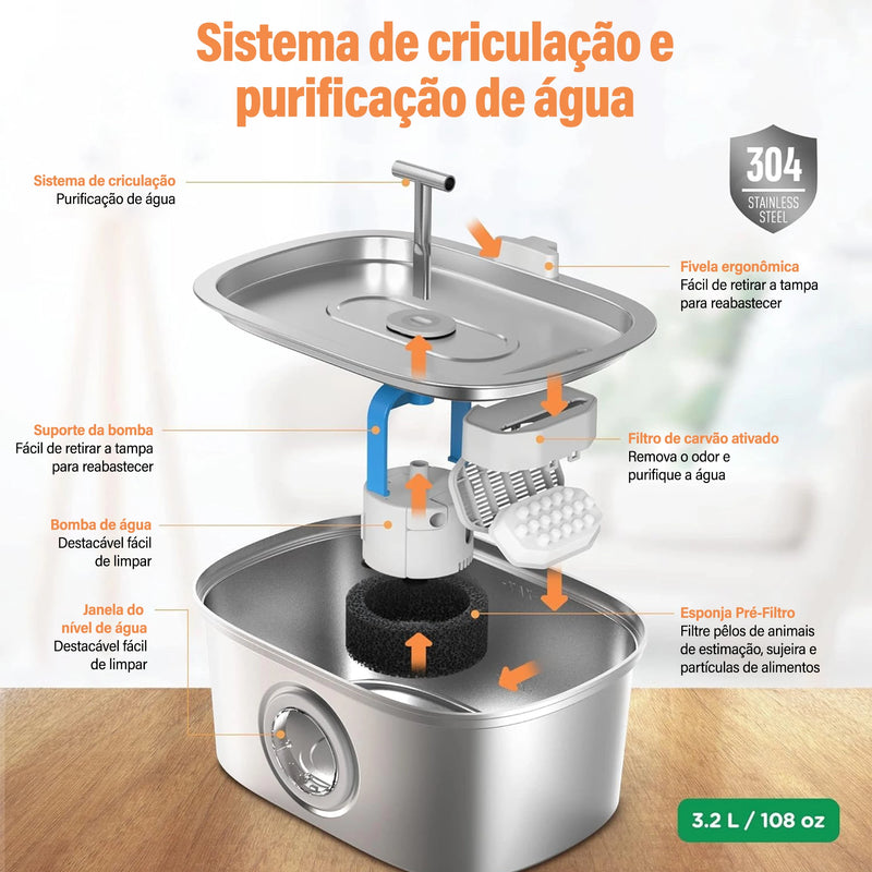 Bebedouro para gatos em aço inoxidável de 3,2 litros automático